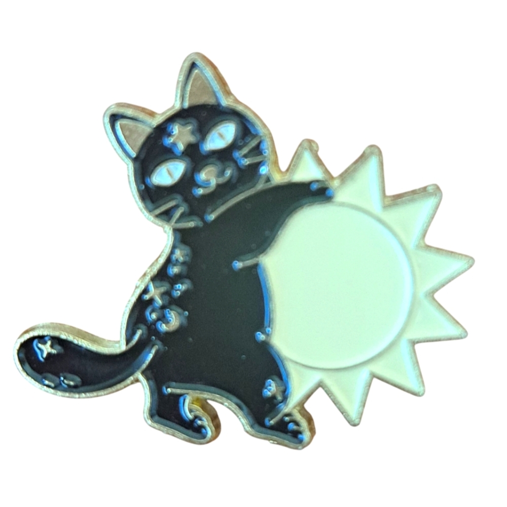 Black Cat Yellow Sun Enamel Lapel Hat Pin Stars Moon  1" NWOT